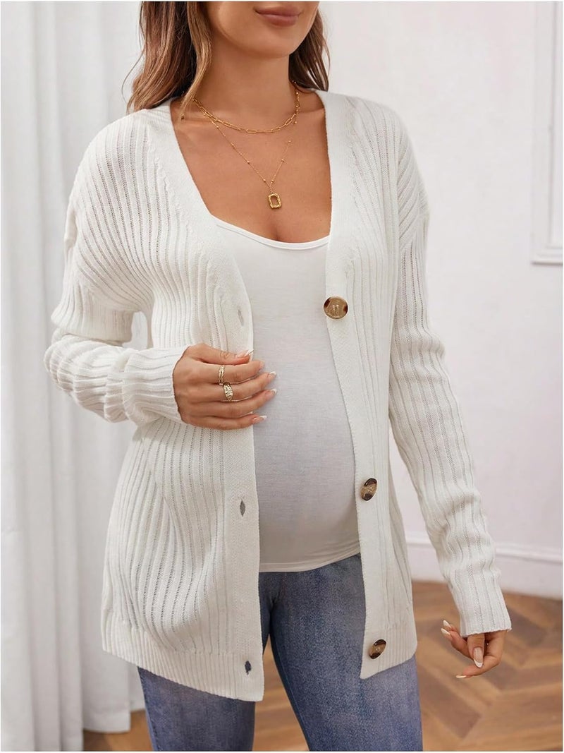 BEAUDRM Store Women's Maternity Cardigan Sweater Textured Button Down Long Sleeve V Neck Sweater Tops - Image 4